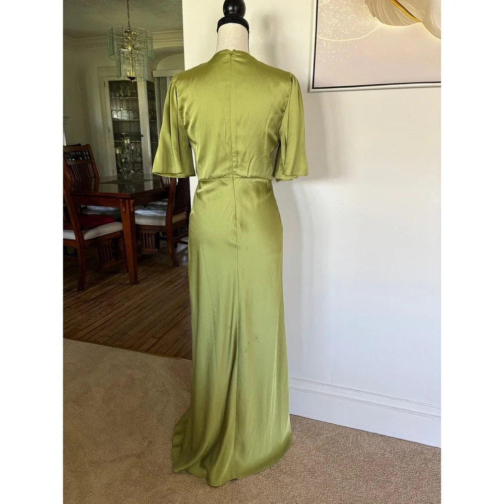 Abercrombie & Fitch Angel Sleeve O-Ring Satin Maxi Dress Sz S Lime Green Slit